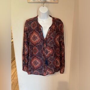Lucky Brand Long Sleeve Split Neck Boho Peasant Blouse top pullover